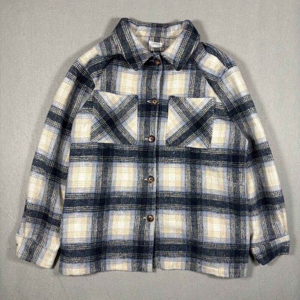 Time And Tru Plaid Flannel Button Shacket Blue Cream White Womens Jacket XL